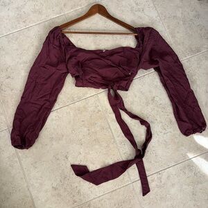 Free People Plum Purple Wrap Crop Top with Long Puff Sleeves Summer Festival